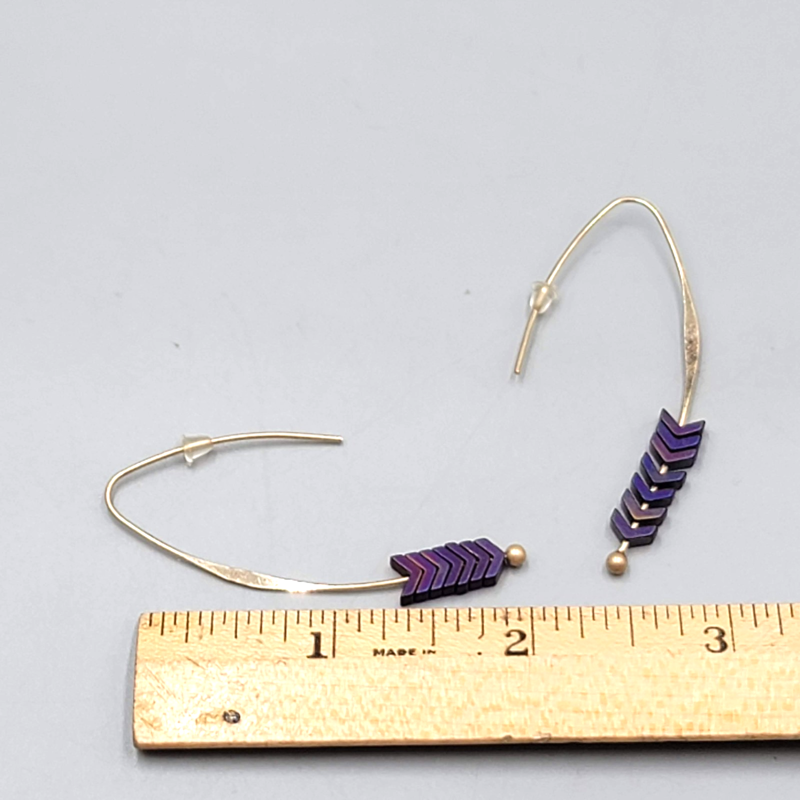 Purple Stone Thin Hook Pierced Earrings Gold tone Drop 2"