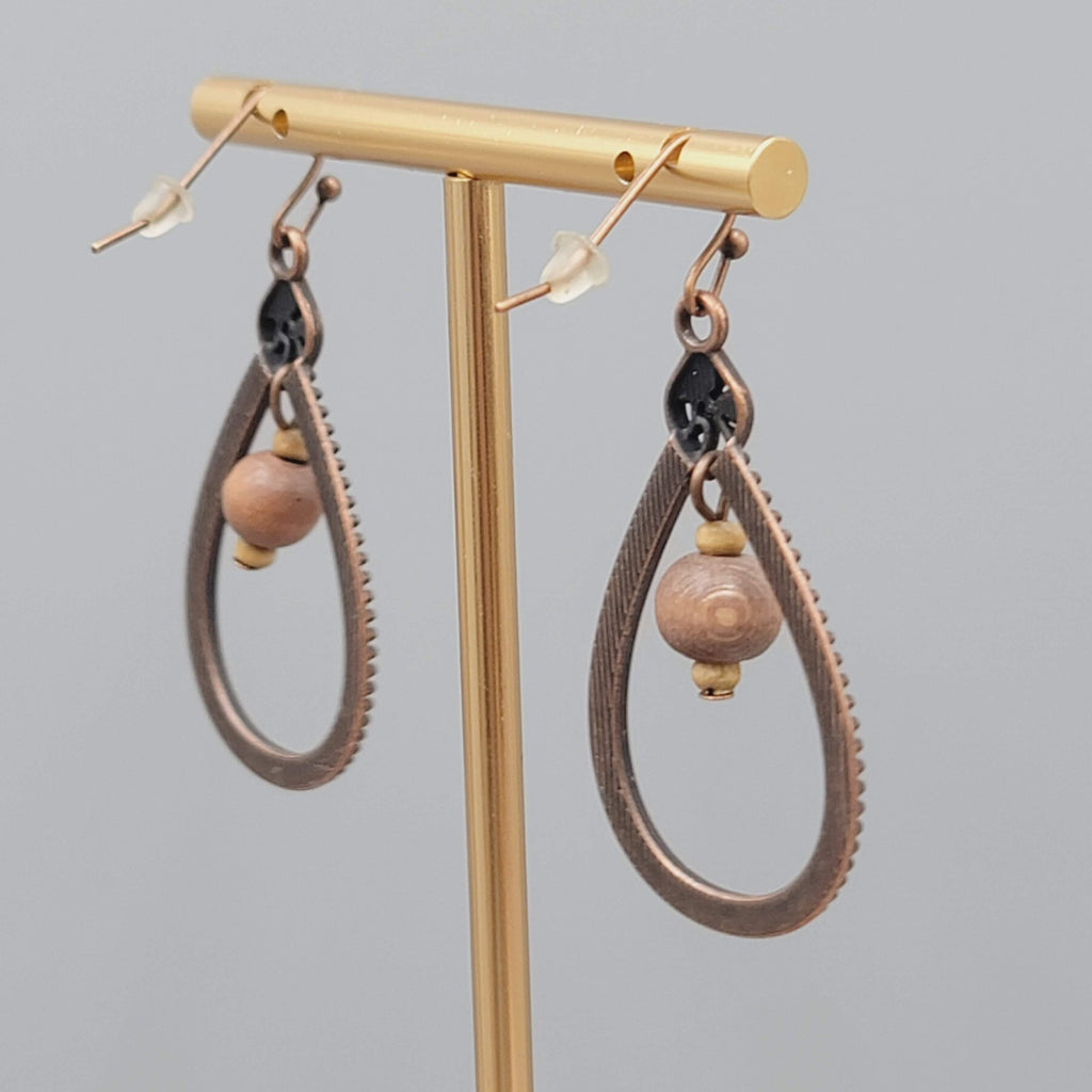 Open Teardrop Wood Bead Pierced Earrings Bronze tone Dangle 1.5"