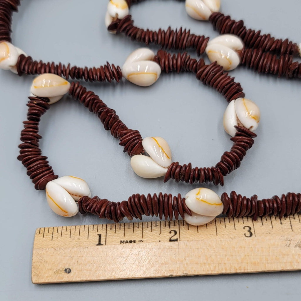 Vintage Apple Seed and Cowrie Shell Bead Necklace Long Handmade 37"