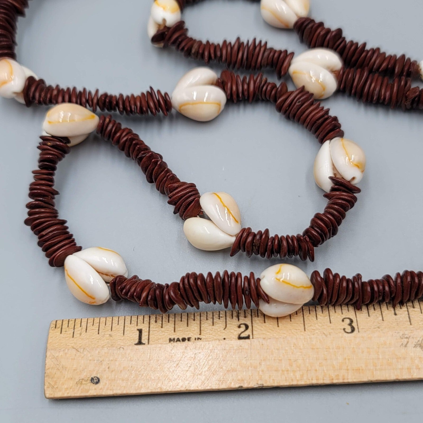 Vintage Apple Seed and Cowrie Shell Bead Necklace Long Handmade 37"