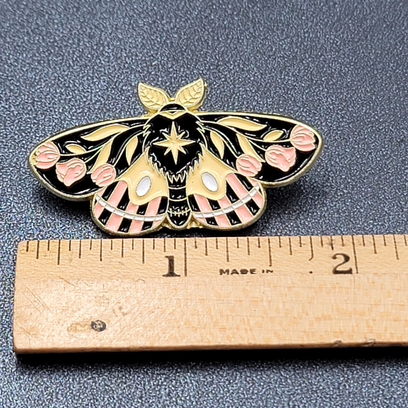 Moth Tulips Yellow Pink Black Enamel Lapel Hat Pin 1.75"
