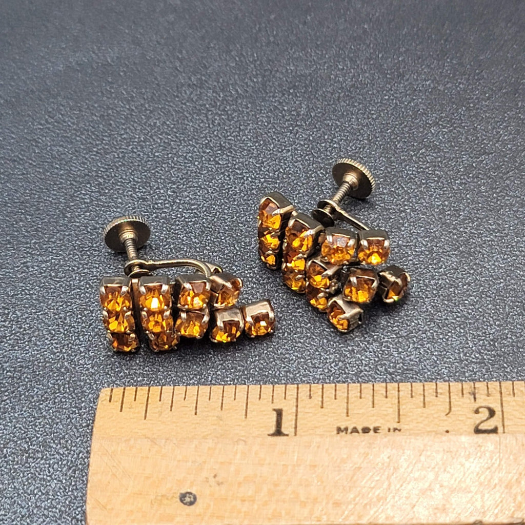 Vintage Clip on Earrings Gold tone Amber Orange Rhinestone Screw Back 1"