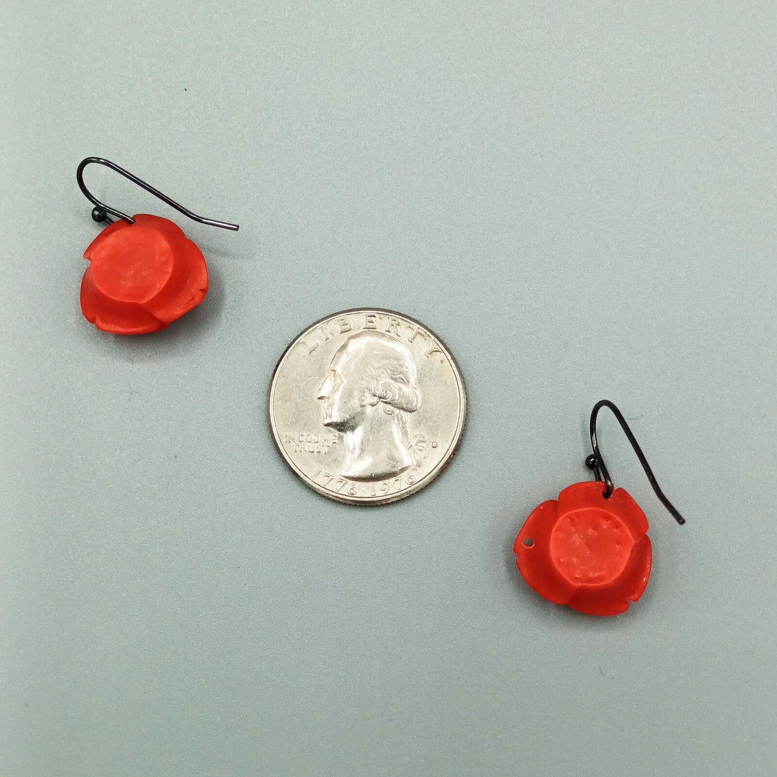 Pierced Earrings Red Acrylic Carved Rose Flower Dangle 5/8"