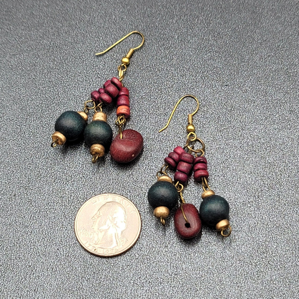 Vintage Pierced Earrings Purple Blue Wood Beads Dangle Boho 1.75"