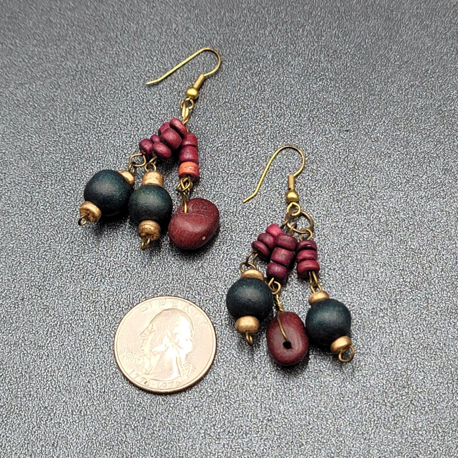 Vintage Pierced Earrings Purple Blue Wood Beads Dangle Boho 1.75"