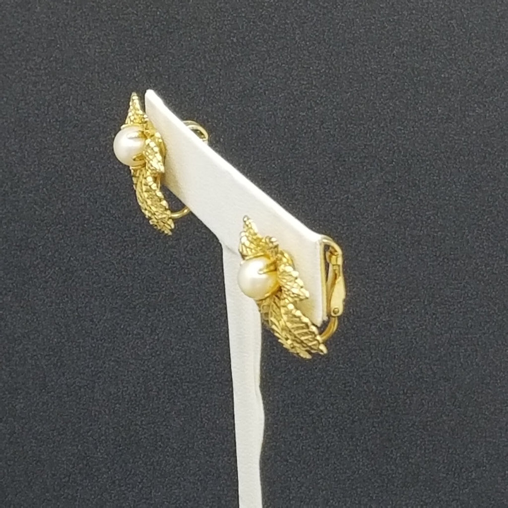 Vintage Clip On Earrings Gold tone Leaf with Faux Pearl Drop 1"