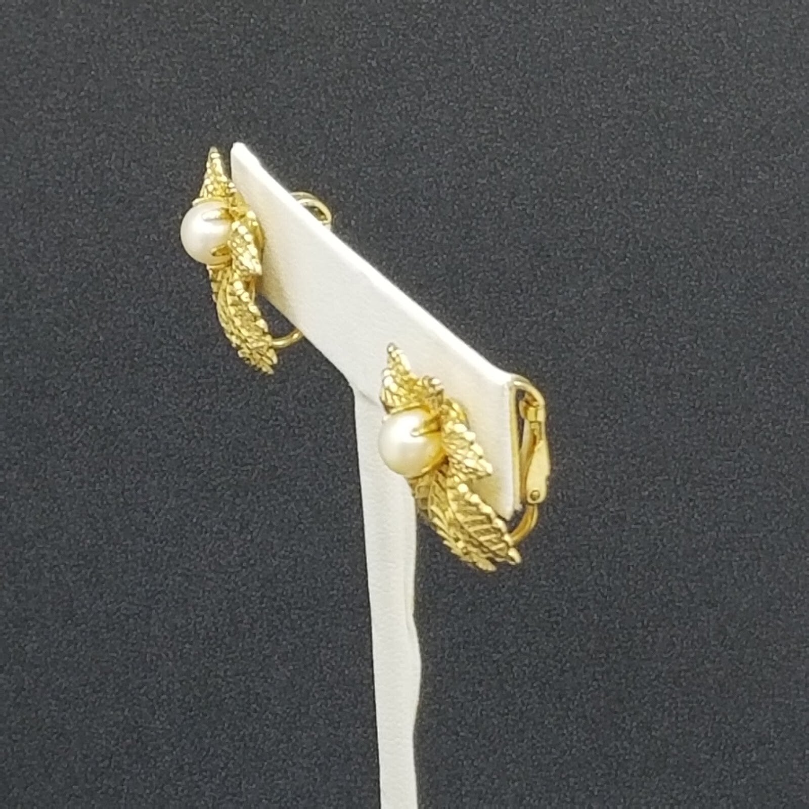 Vintage Clip On Earrings Gold tone Leaf with Faux Pearl Drop 1"