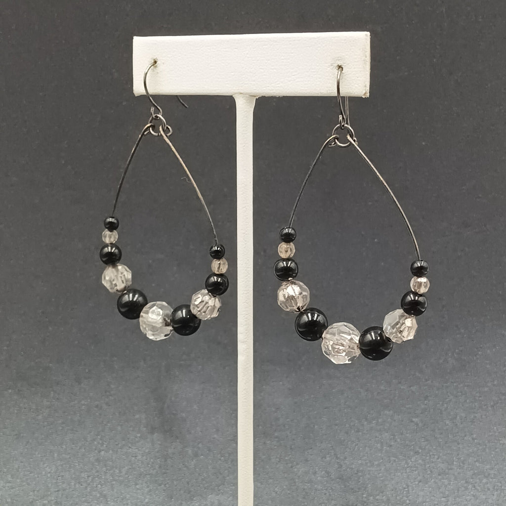 Pierced Earrings Gun Metal Gray Teardrop Wire Loop Acrylic Beaded Dangle 2"