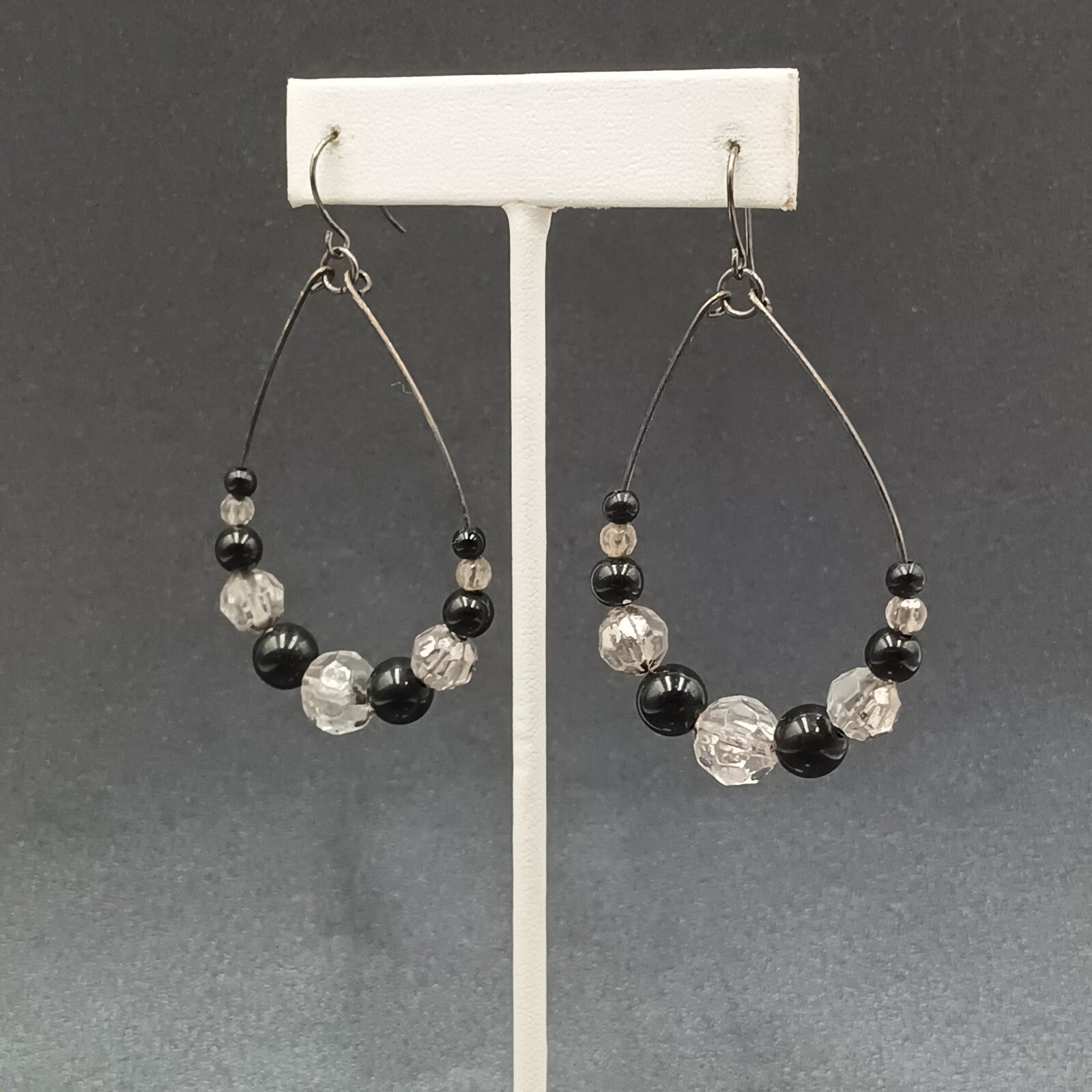 Pierced Earrings Gun Metal Gray Teardrop Wire Loop Acrylic Beaded Dangle 2"