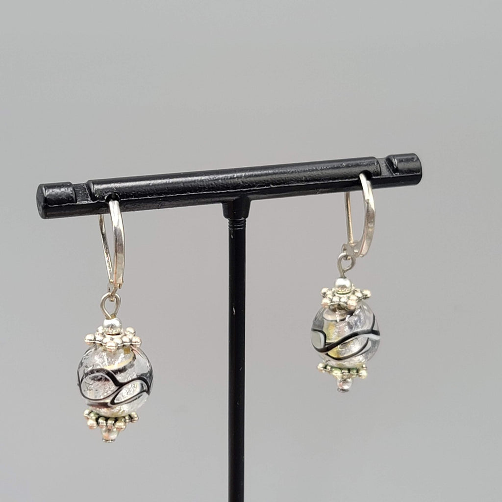 Clear Black Swirl Glass Bead Pierced Earrings Silver tone Dangle 3/4"