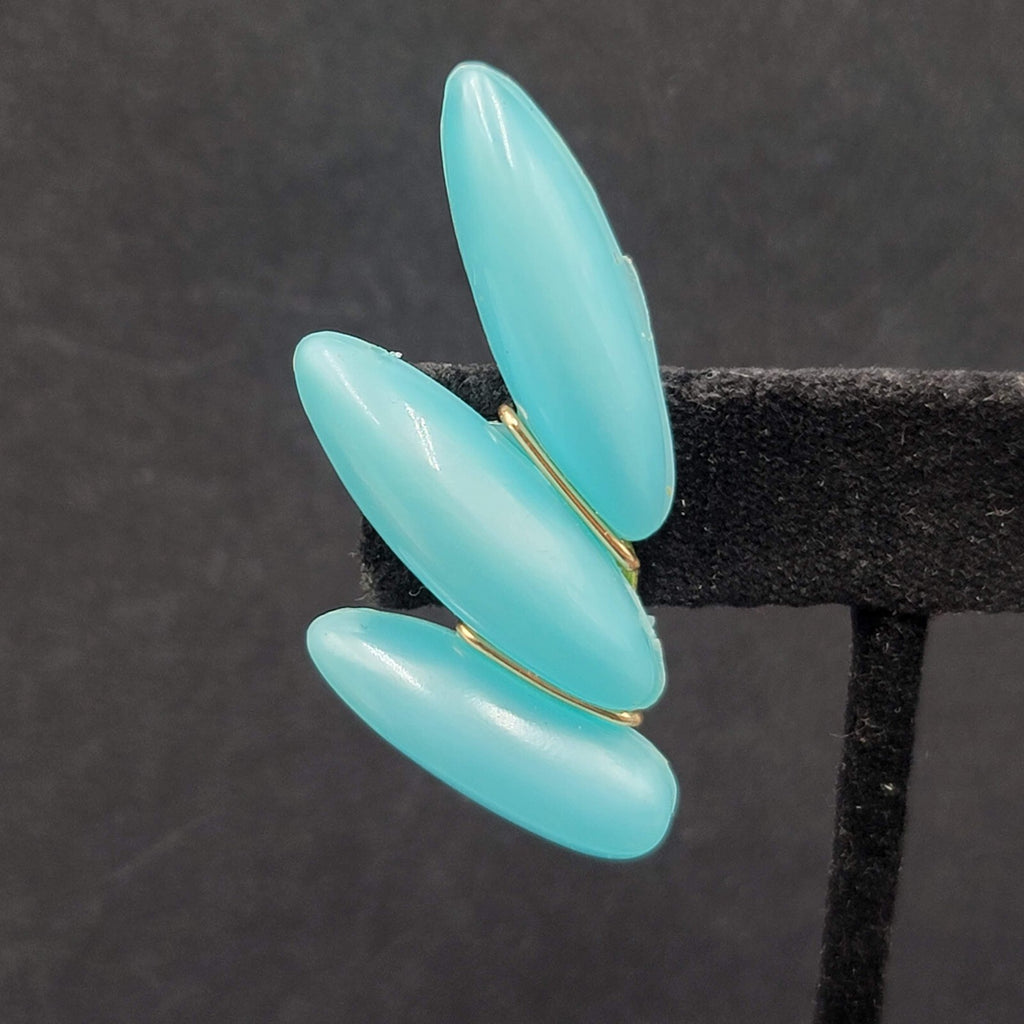 Vintage Clip on Earrings Lightweight Plastic Blue Climber W Germany 1 7/8"