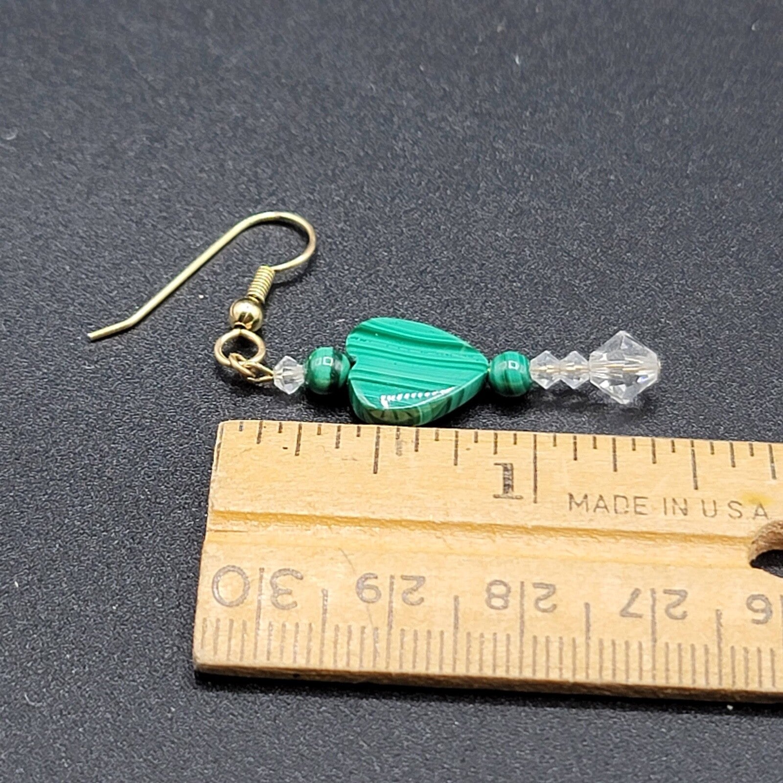 Pierced Earrings Gold tone Malachite Heart Bead Clear Crystals 1 3/8"