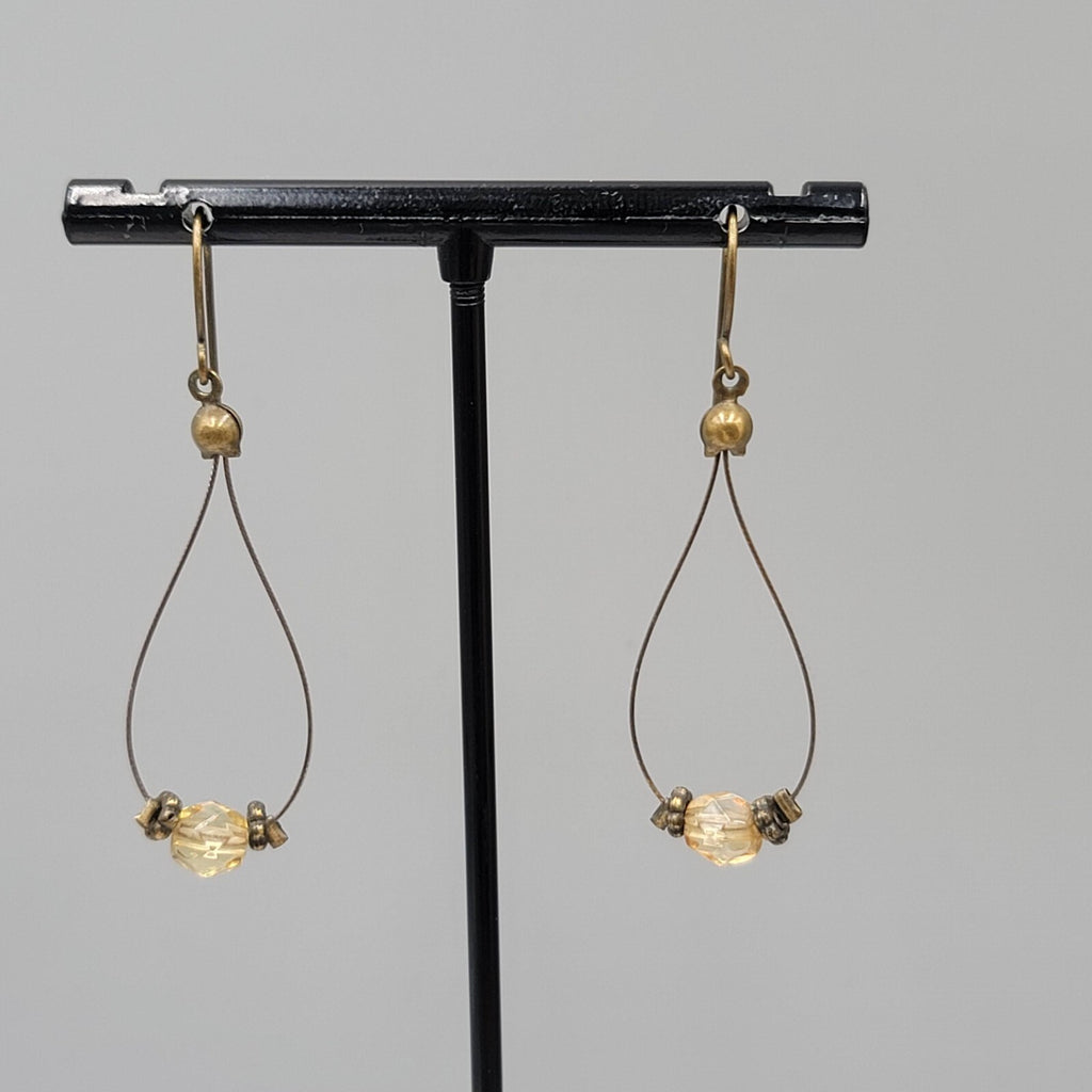 Pierced Earrings Bronze tone Teardrop Wire Yellow Glass Bead Dangle 1.5"