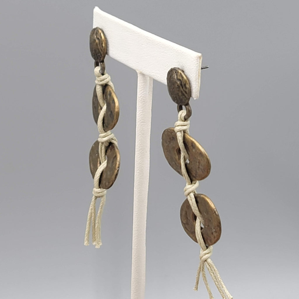 Bronze tone Drop Pierced Earrings Beige Cord Boho 3 in