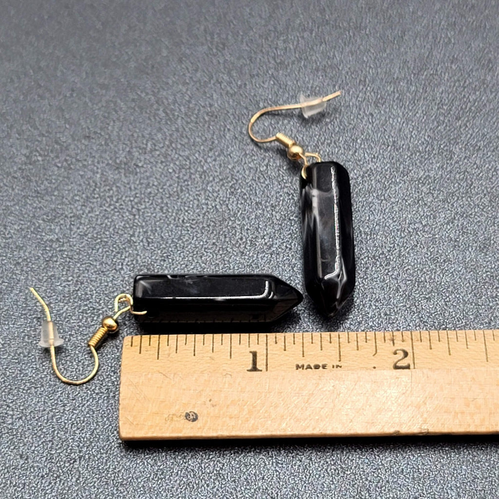 Pierced Earrings Black Marbled Resin Spike Pendulum Dangle Gold tone Hook 1.25"