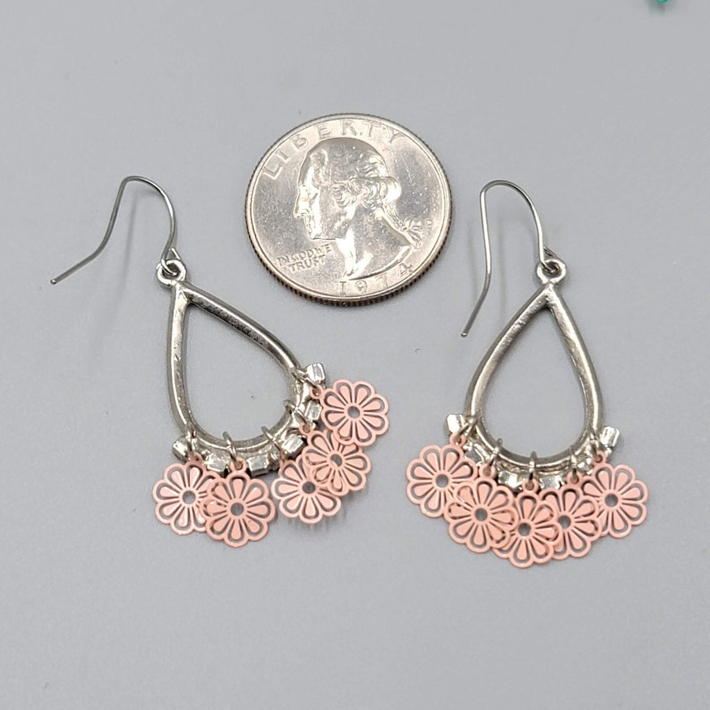 Pink Flowers Pierced Earrings Silver tone Teardrop Rhinestone Dangle 1 3/8"