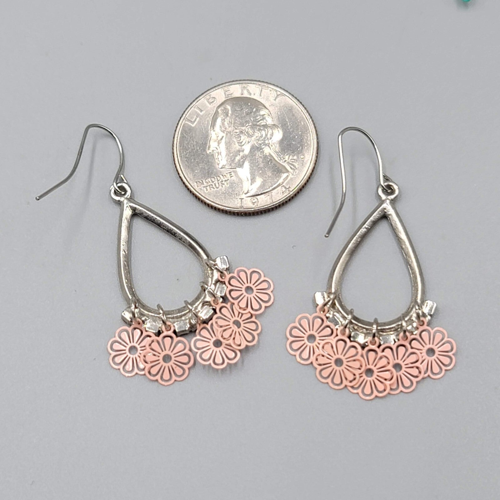 Pink Flowers Pierced Earrings Silver tone Teardrop Rhinestone Dangle 1 3/8"
