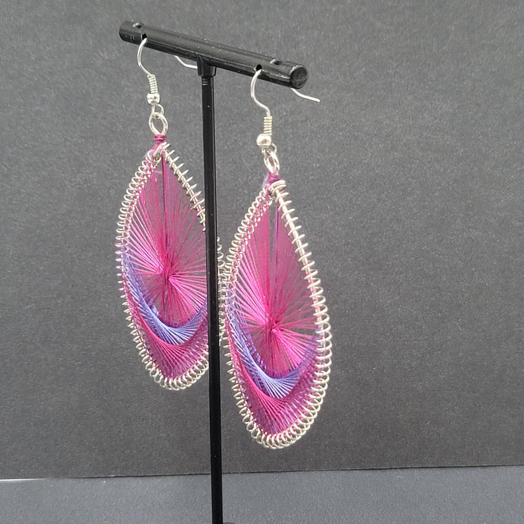 Pierced Earrings Silver tone Pink Purple String Art Dangle 2.5"