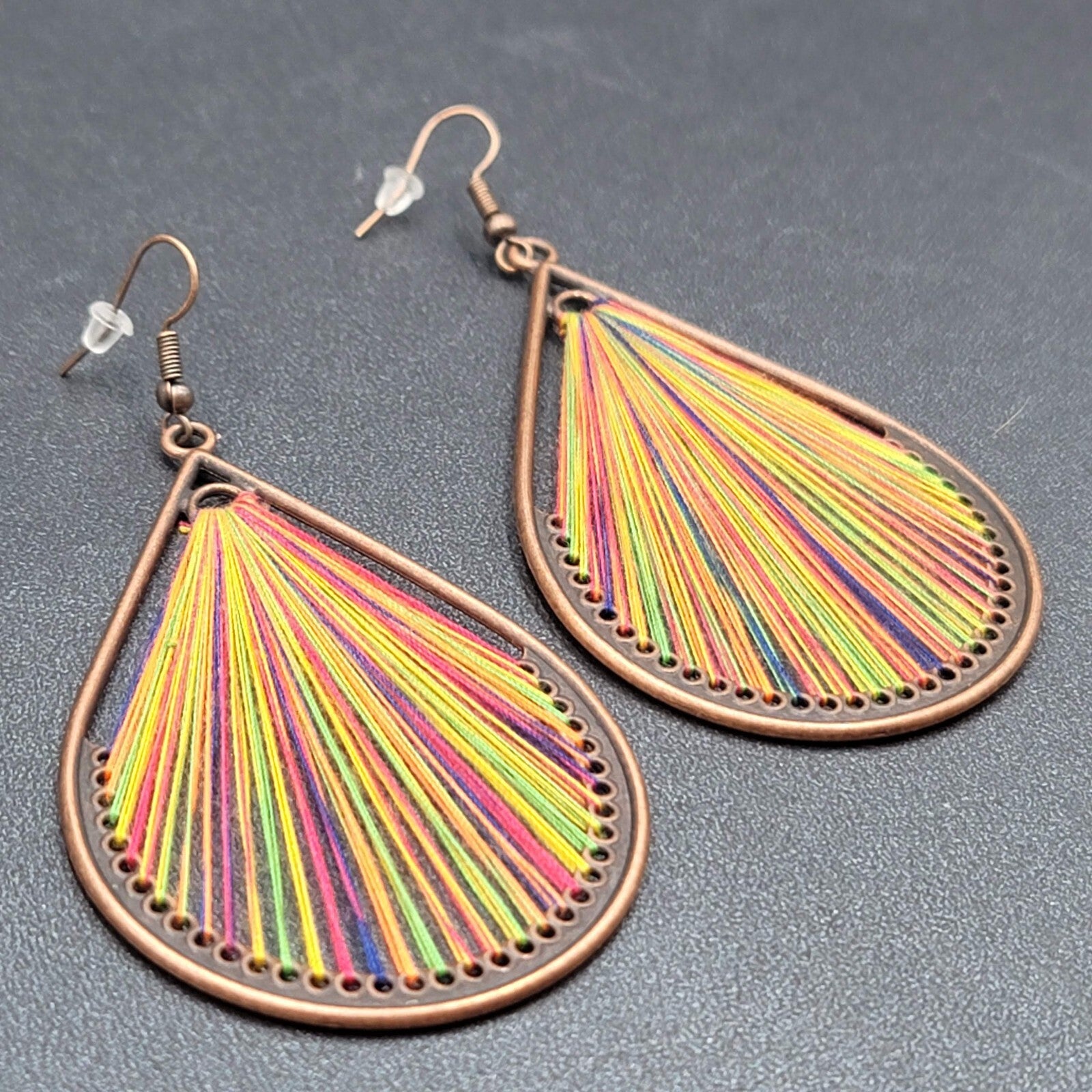 New Boho Pierced Earrings Copper tone Rainbow Threaded Dangle Teardrop 2.75"