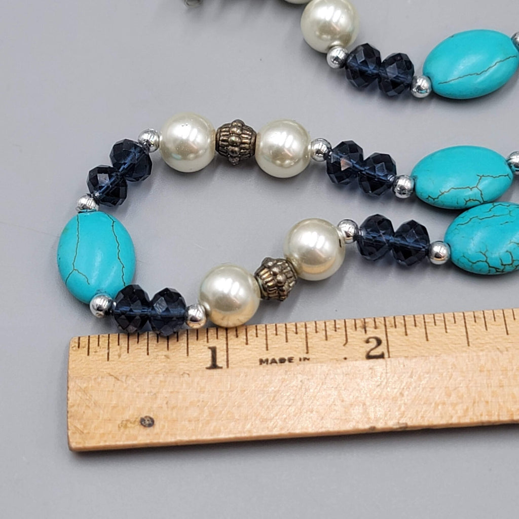Blue Stone Bead Necklace Blue White Silver tone 18"