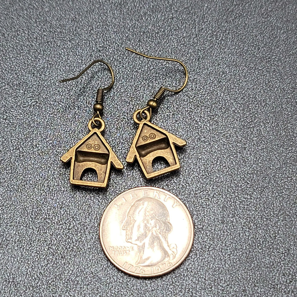 Top Dog Doghouse Pierced Earrings Bronze tone Dangle 3/4"