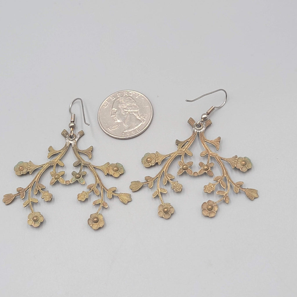 Leaf Statement Pierced Earrings Greenish Bronze tone Crystal Dangle 1.75"