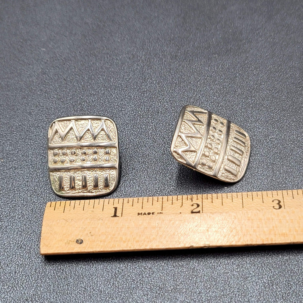 Vintage Pierced Earrings Silver tone Embossed Rectangle Drop 1"