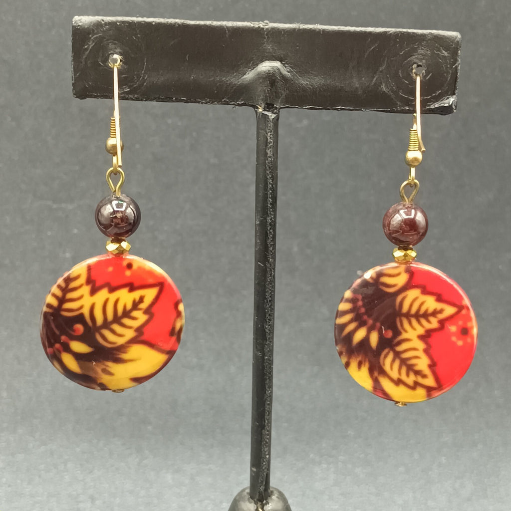 Pierced Earrings Gold tone Multicolor Acrylic Round Leaf Bead Dangle 1 1/2"