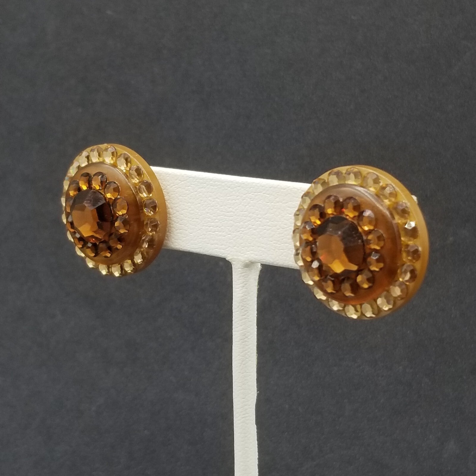Pierced Earrings Brown Faceted Crystal Button Style Statement Stud 1"