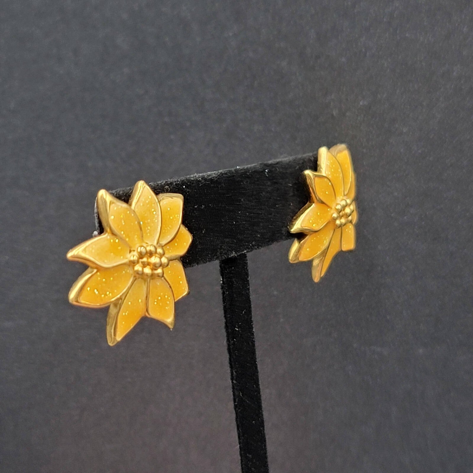 Vintage Pierced Earrings Yellow Enamel Poinsettia Flower Drop 1"
