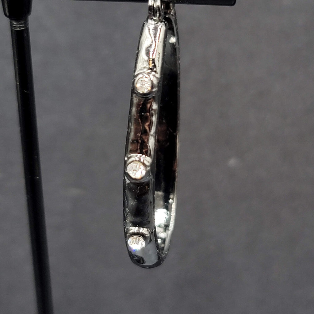 Pierced Earrings Black Metal Crystal Rhinestone Studded Oval Hoops 1 5/8"