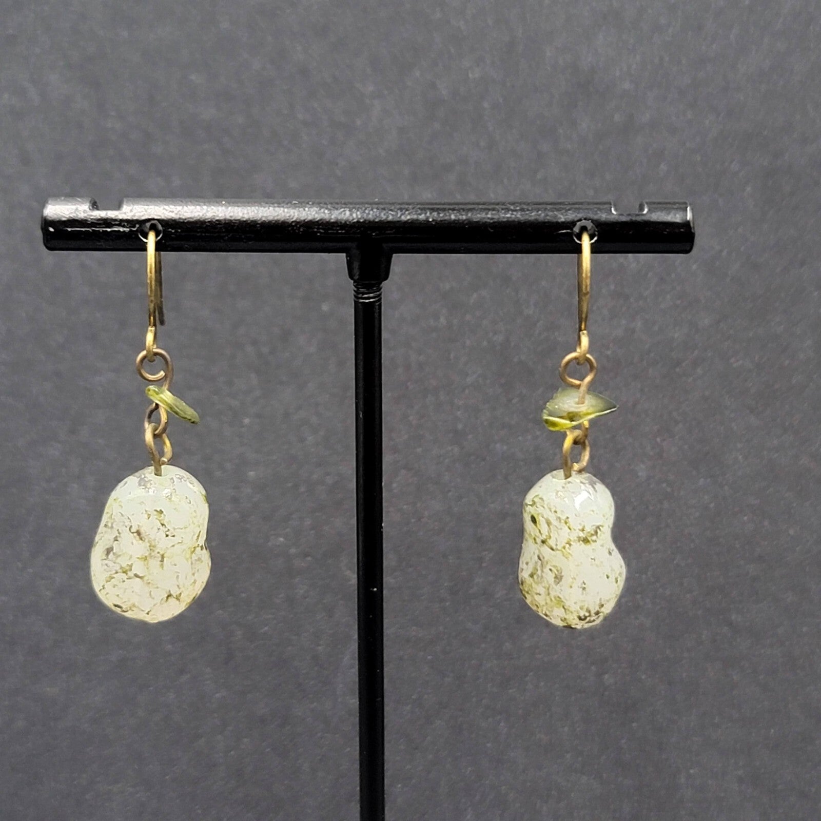 Pierced Earrings 1" Green Stone Chip and Acrylic Bead Lightweight Dangle 1"