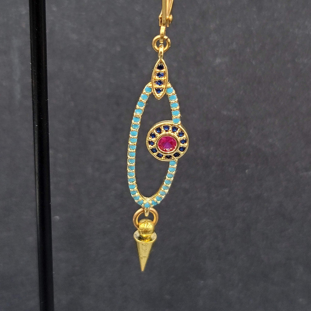 Pierced Earrings Gold tone Blue Pink Crystals Evil Eye Dangle 1 5/8"