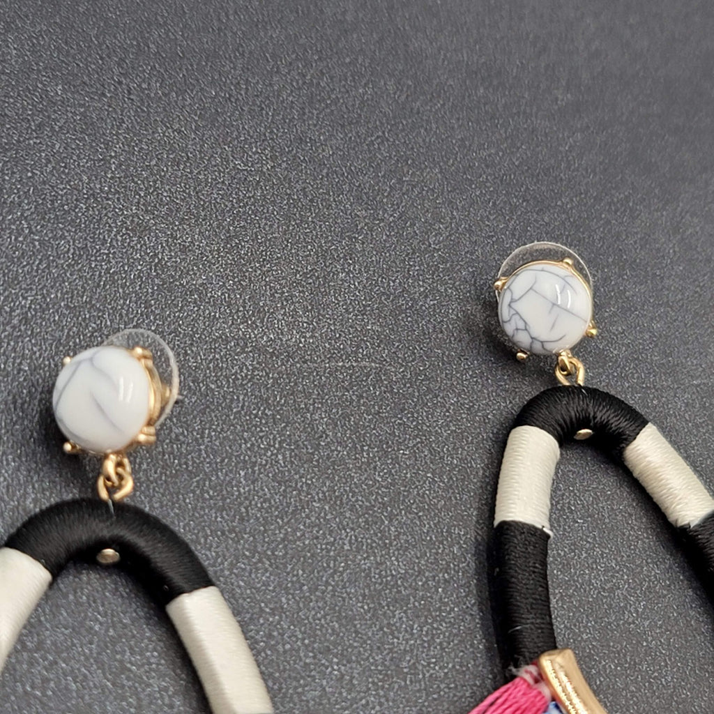 SugarFix Pierced Earrings Rainbow Black White Tassel Dangle Hoops 3"