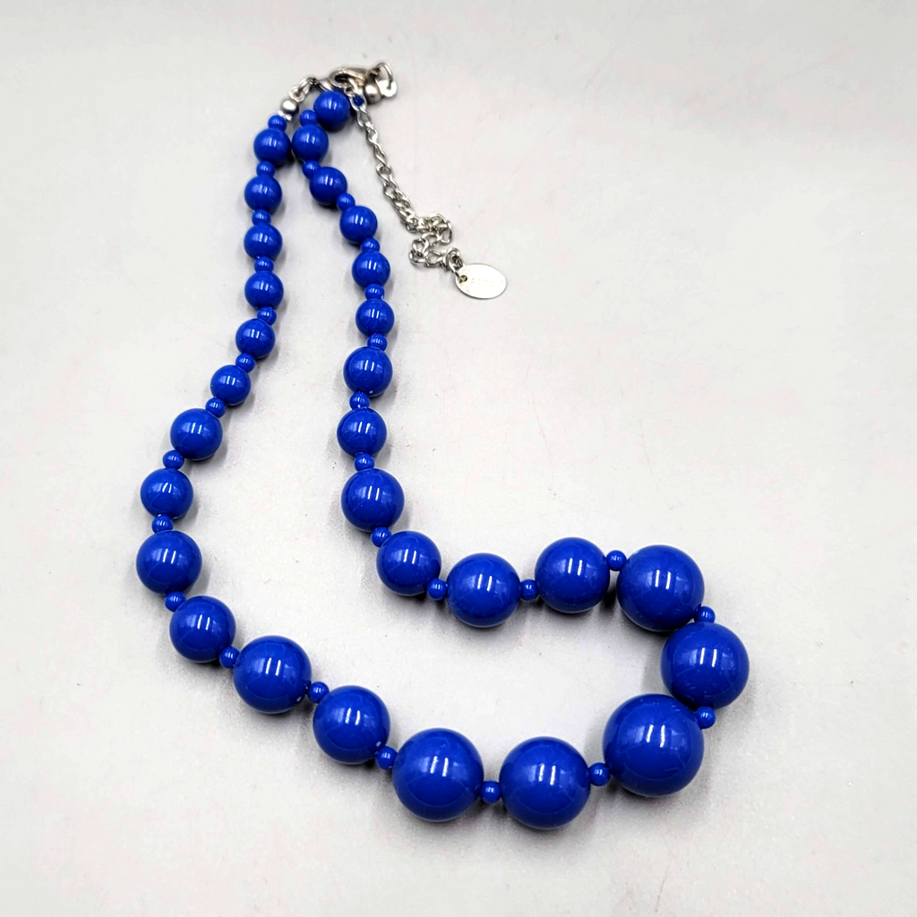Graduated Navy Blue Bead Necklace Silver tone 18"-20"