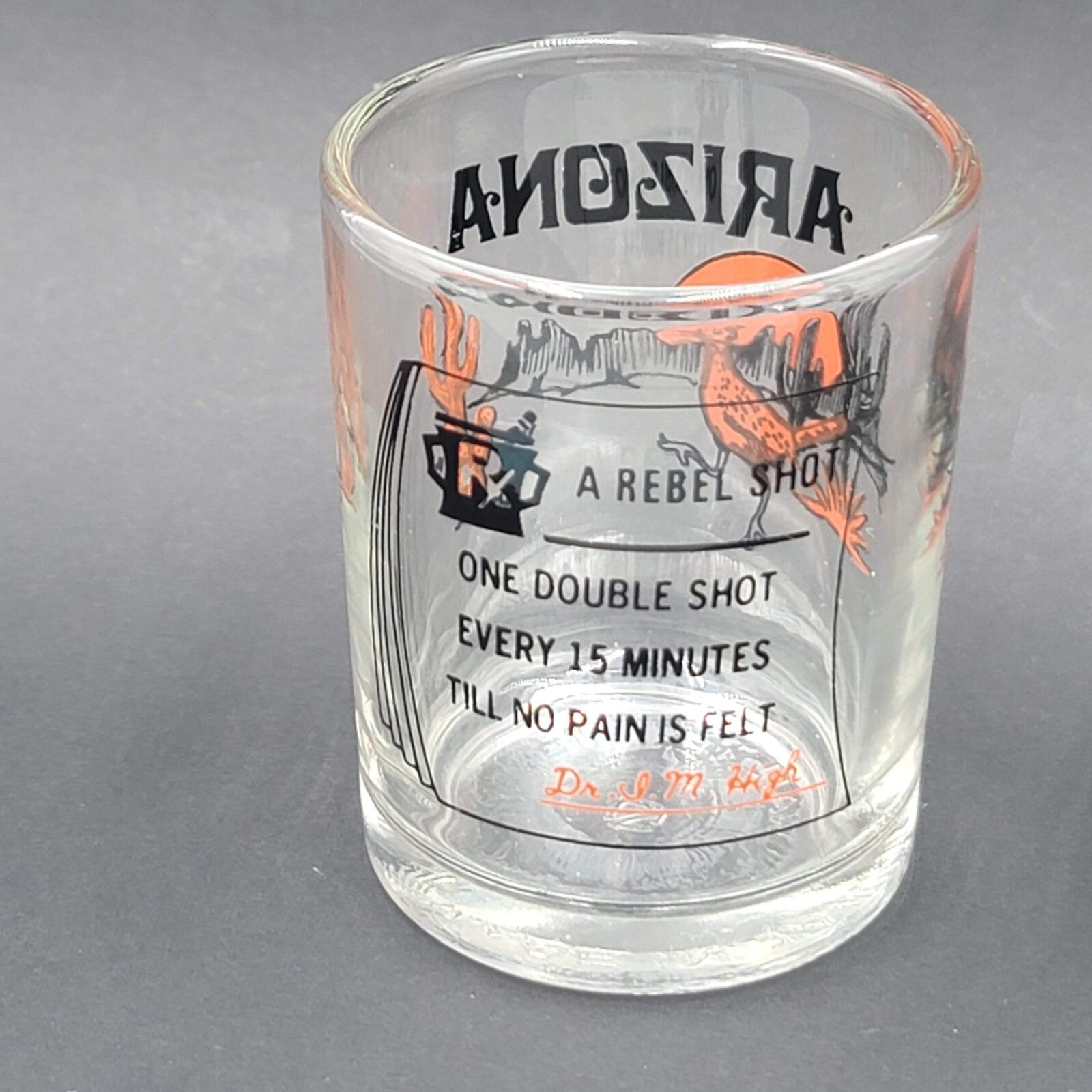 Arizona Souvenir Shot Glass Double Shot Black Orange Embossing Cactus Roadrunner