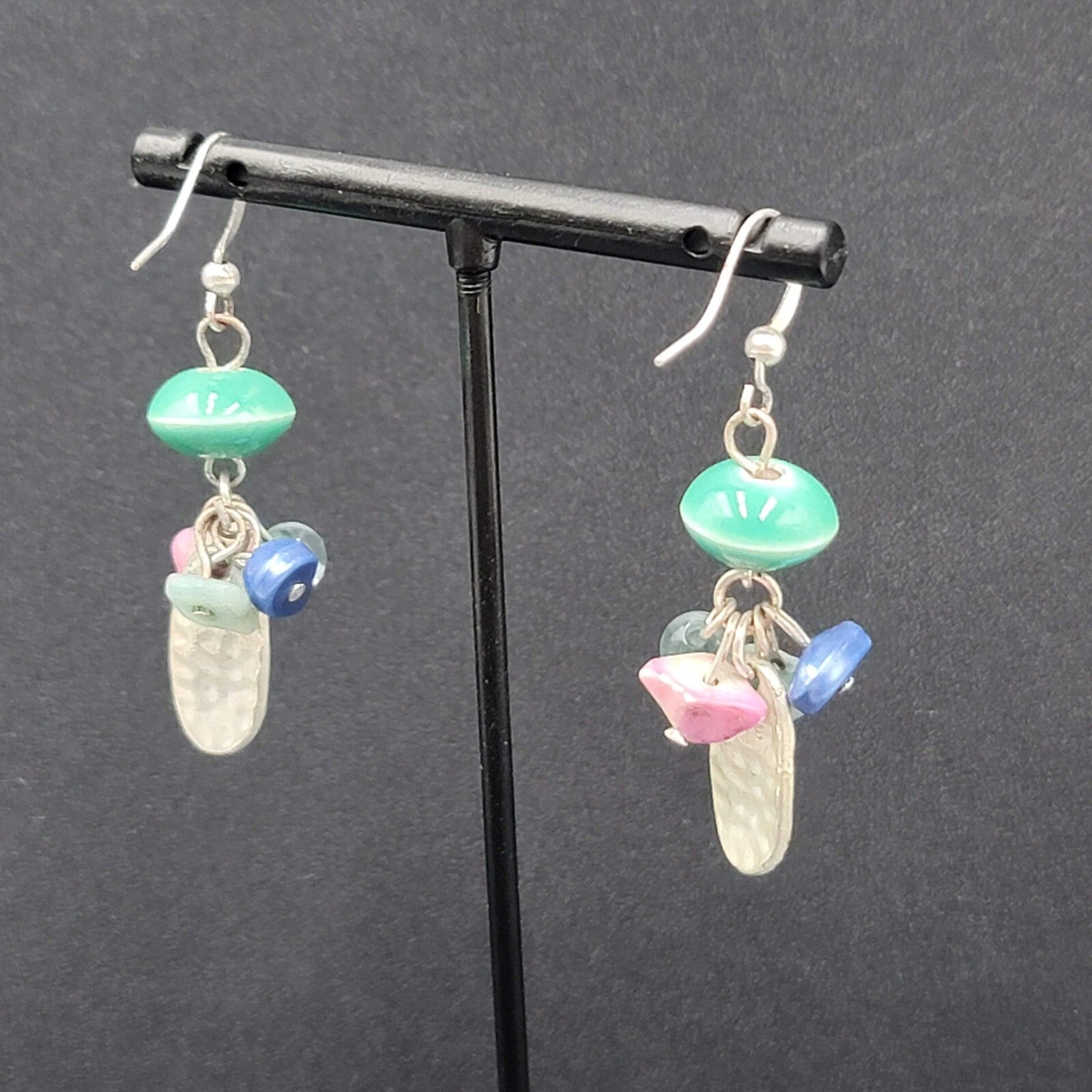 Pierced Earrings Silver tone Dangle Mixed Multicolor Cluster Beads 1.5"