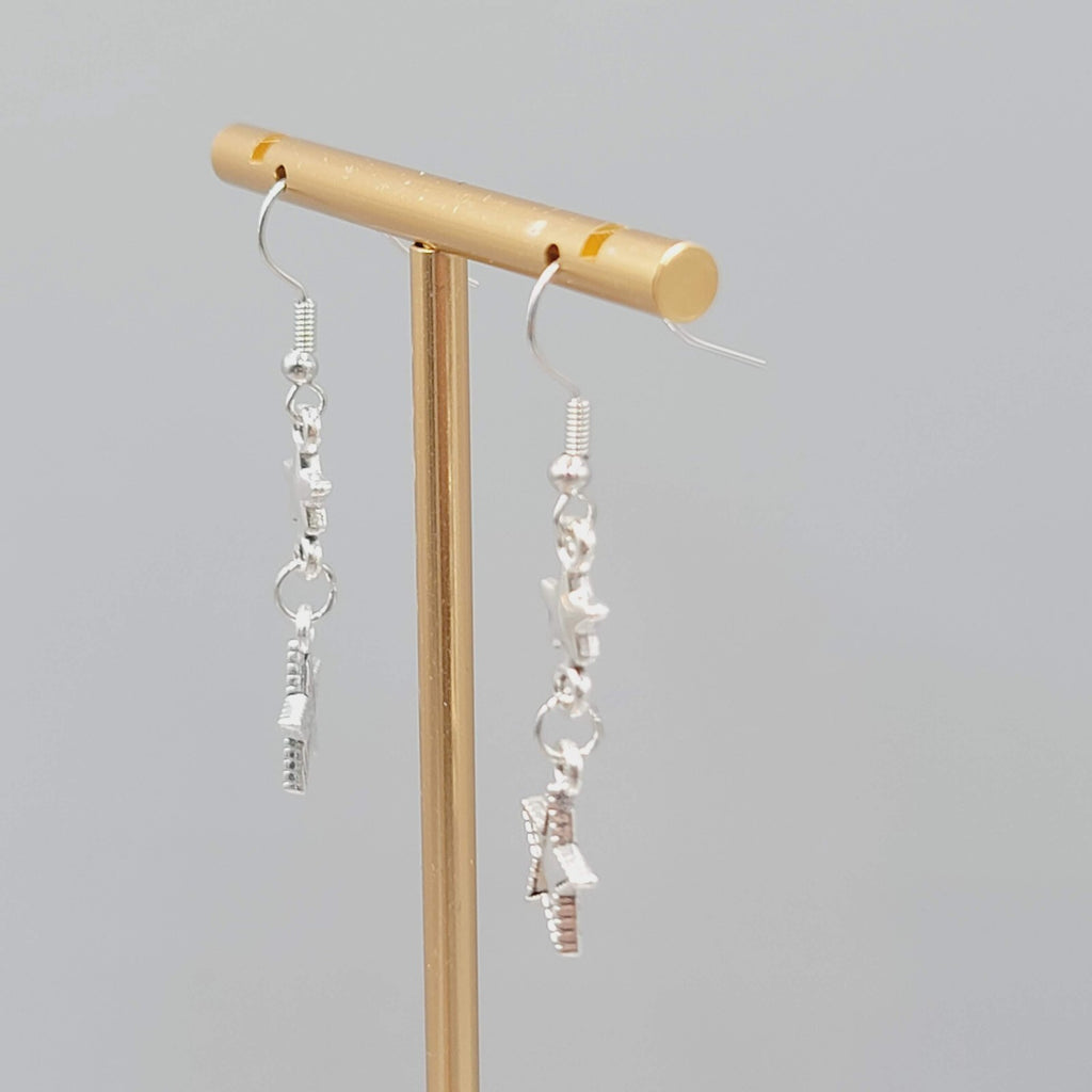 Stars Pierced Earrings Silver tone Embossed Dangle New 1 1/8"