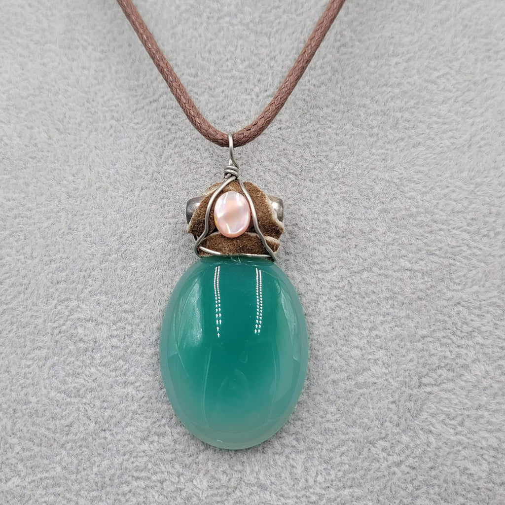 Artisan Boho Hippie Necklace Green Glass Pendant Leather and Brown Cord 16"-18"