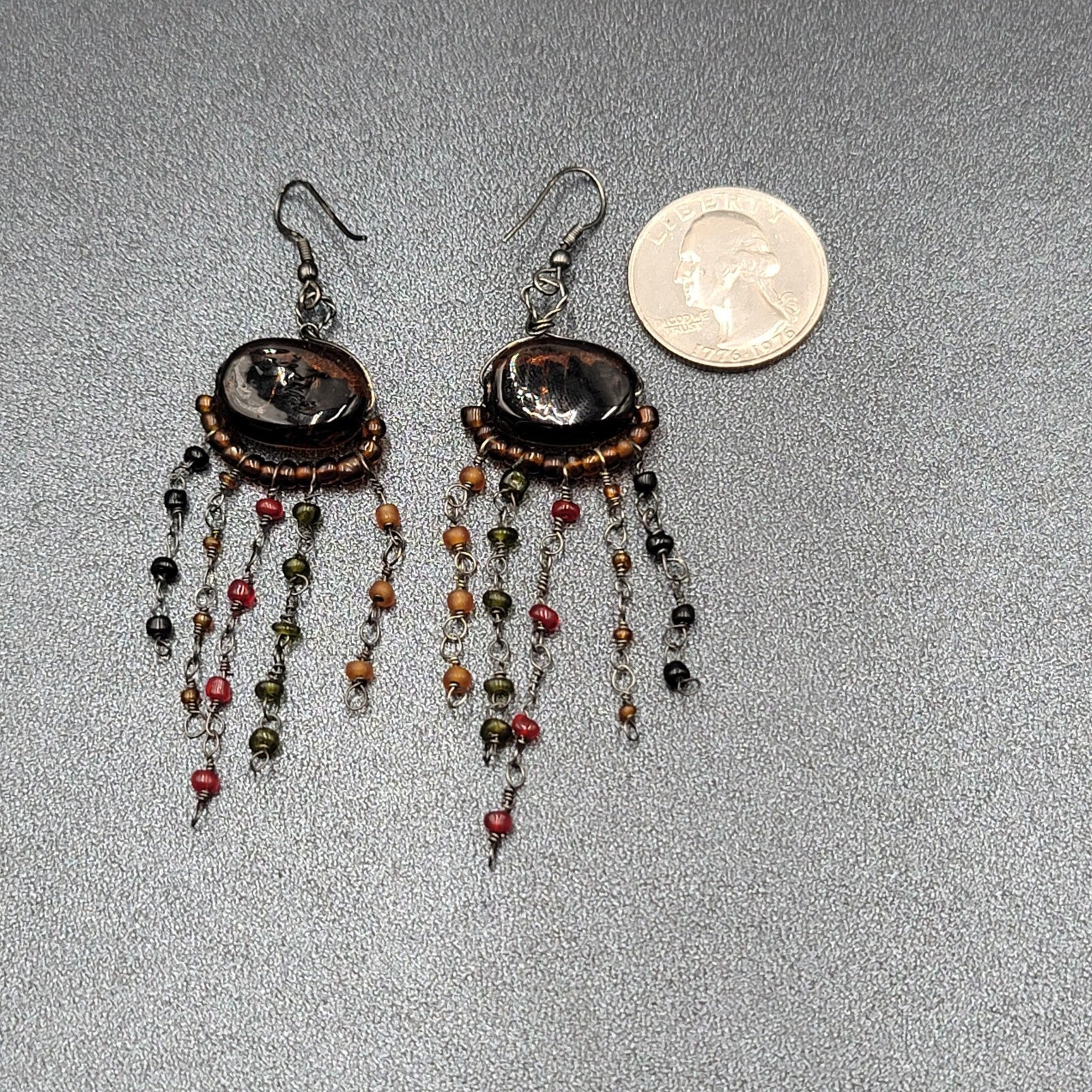Boho Pierced Earrings Multi color Glass Beads Unusual Dangle Chains 2.75"