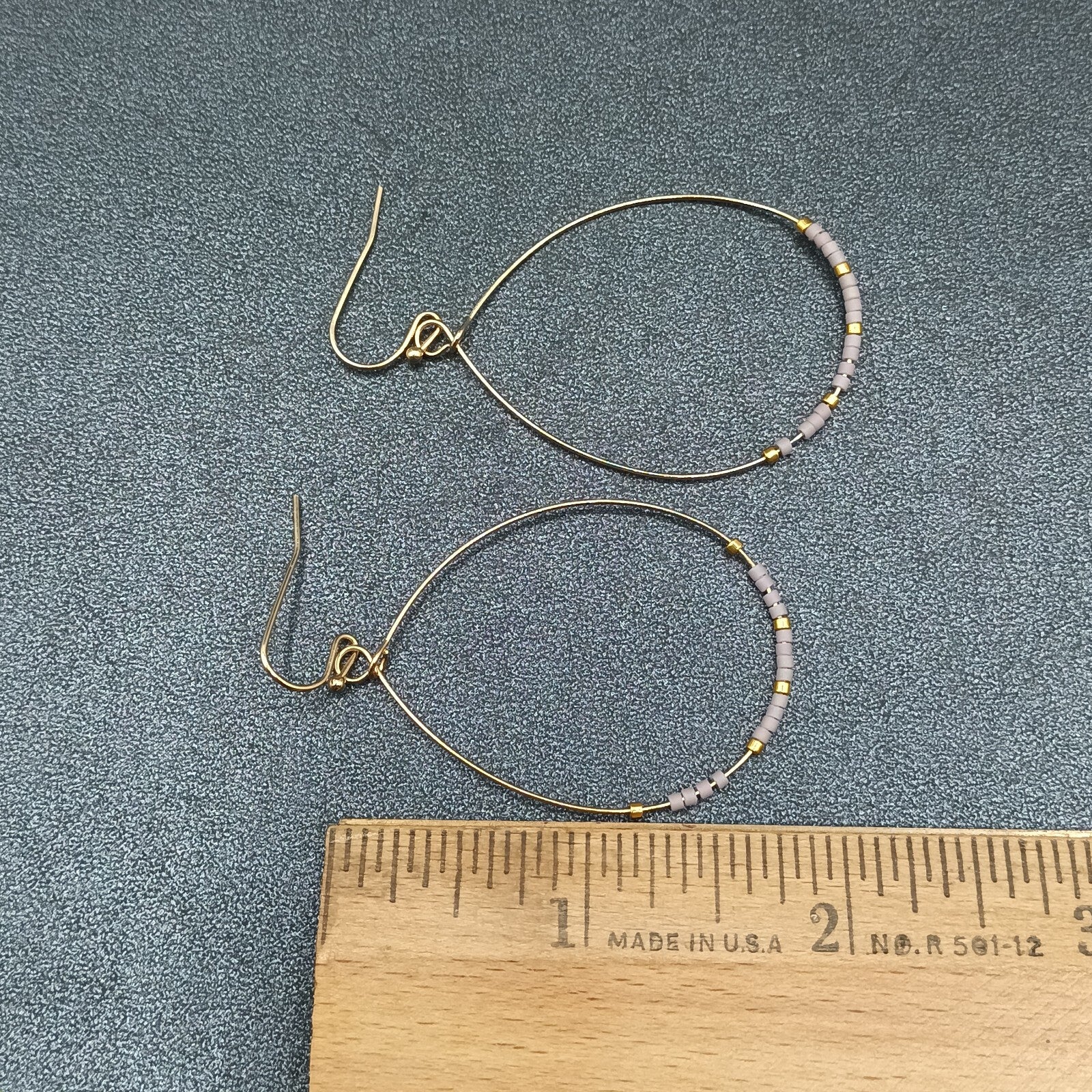 Pierced Earrings Gold tone Teardrop Wire Loop Lavender Seed Bead Dangle 1 3/4"