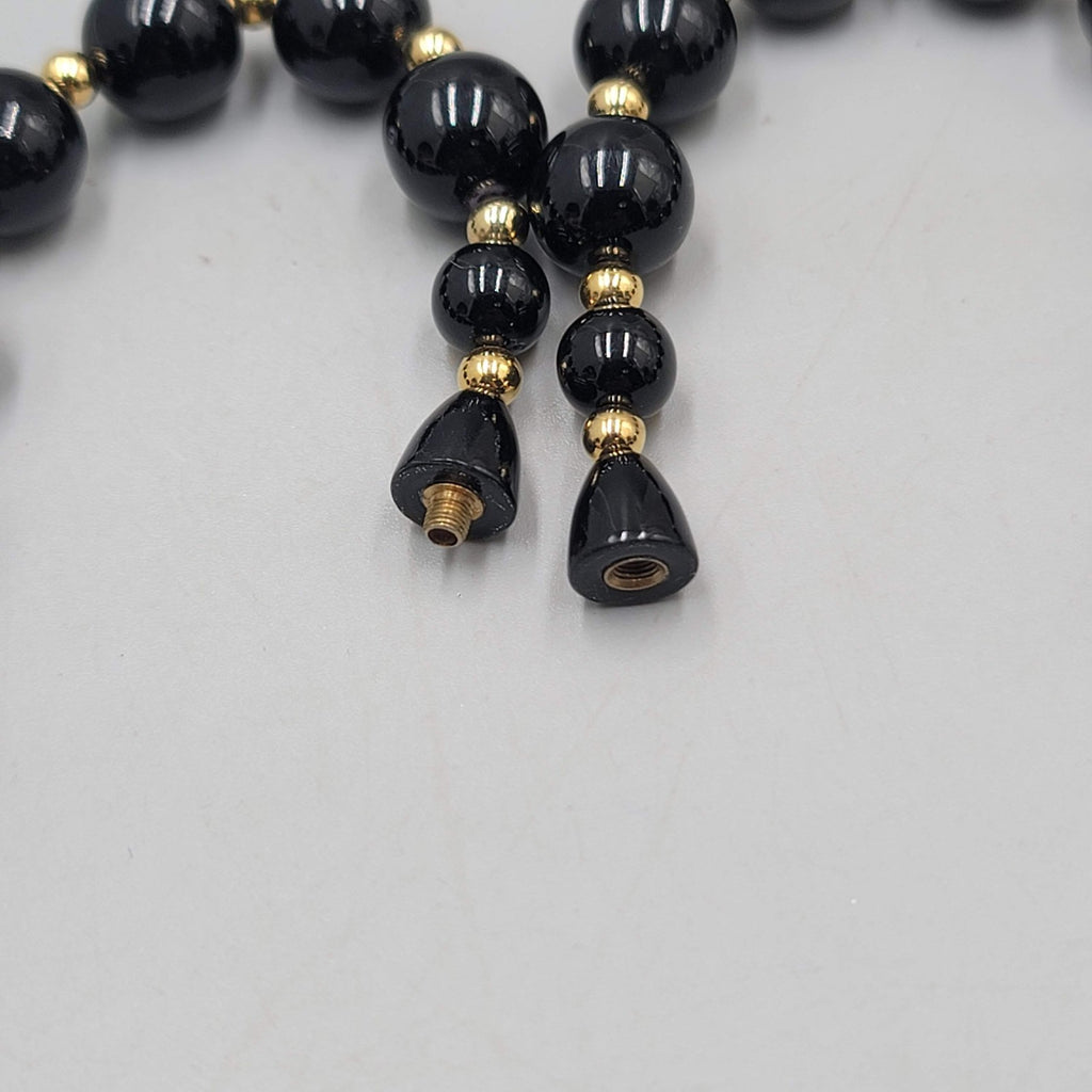 Vintage Hidden Clasp Necklace Graduated Black Bead Gold tone Spacers 24"