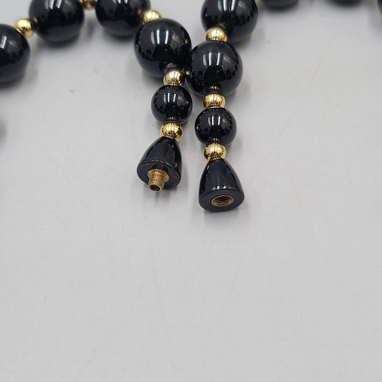 Vintage Hidden Clasp Necklace Graduated Black Bead Gold tone Spacers 24"