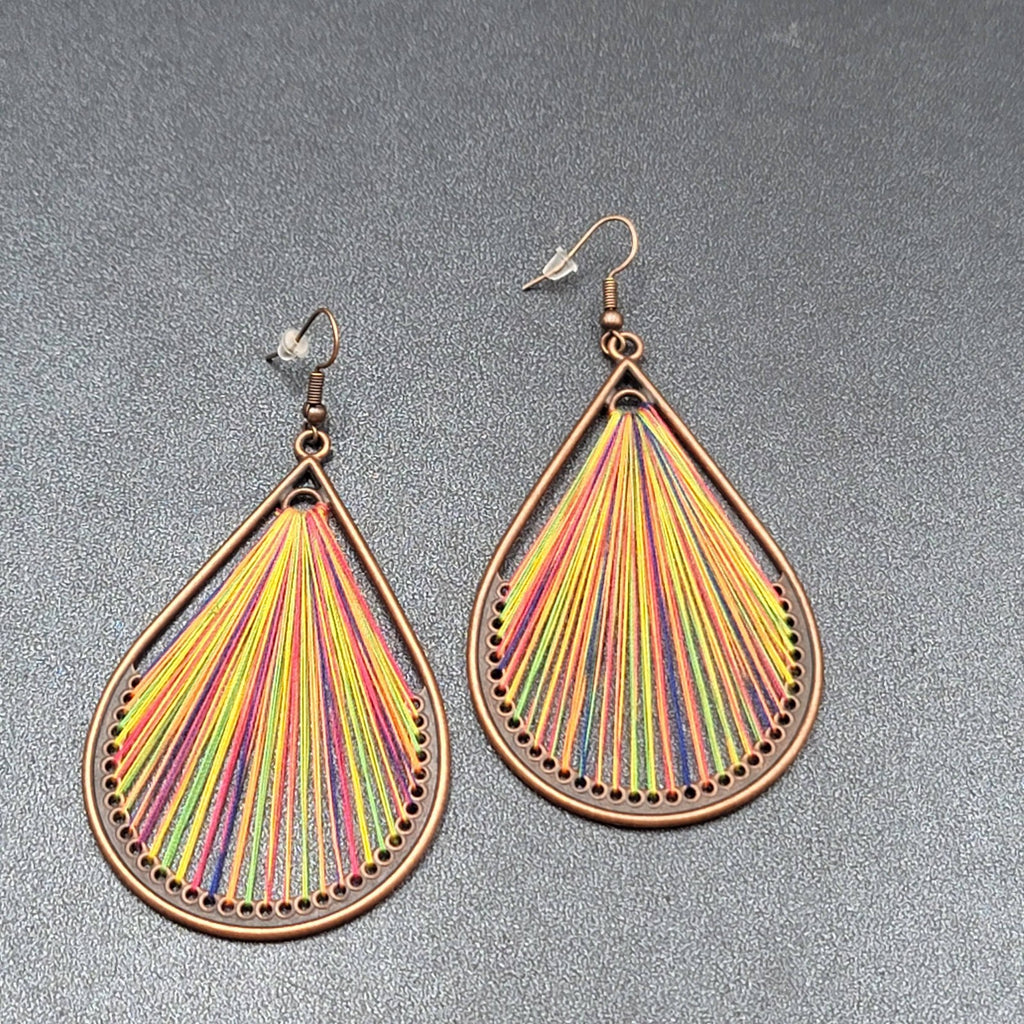 New Boho Pierced Earrings Copper tone Rainbow Threaded Dangle Teardrop 2.75"