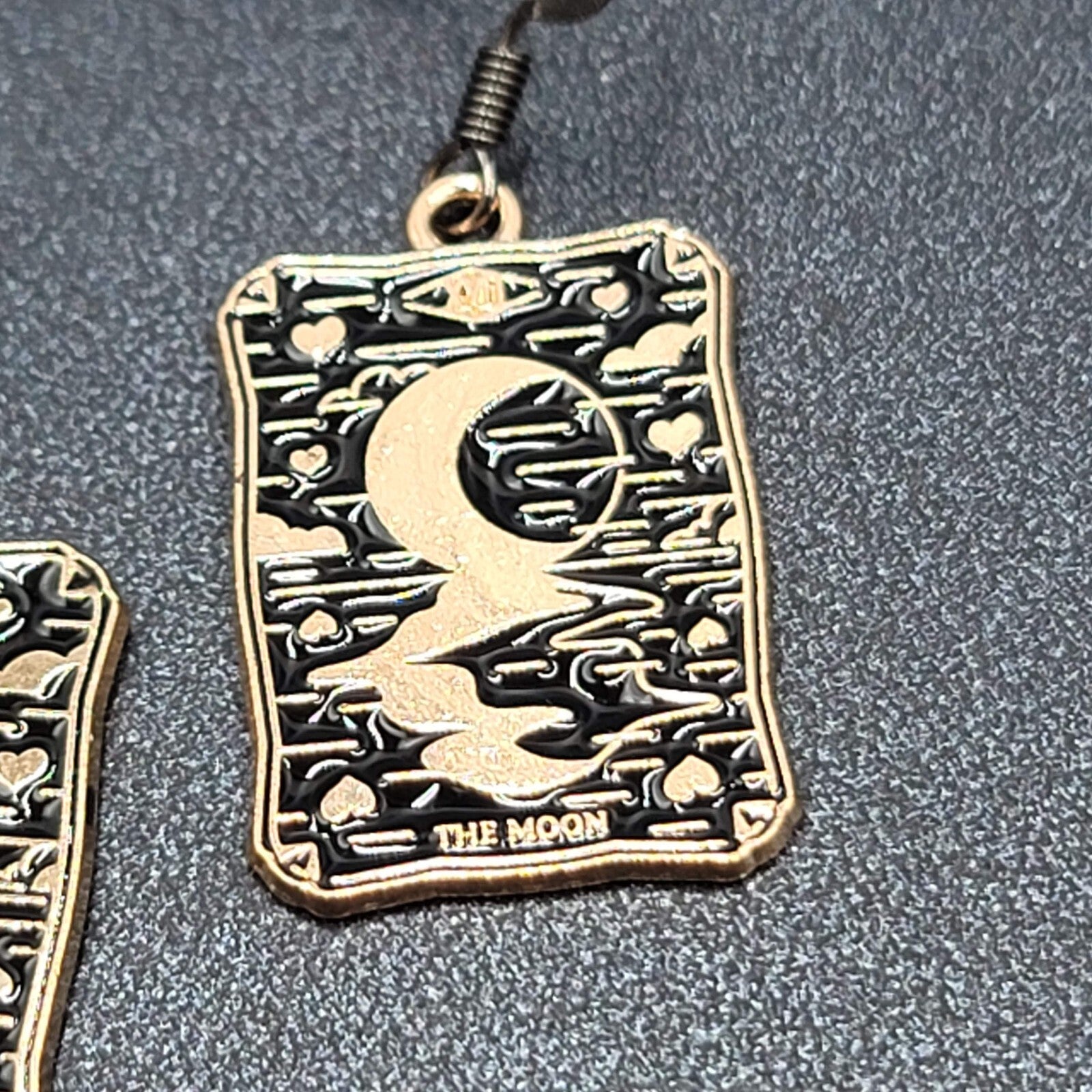 Tarot Card Pierced Earrings The MOON Gold tone Black 1"