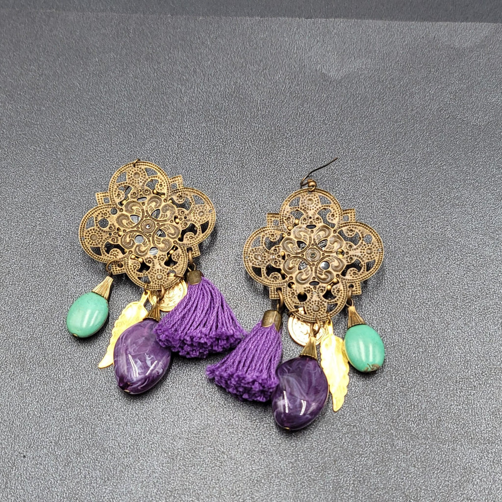 Pierced Earrings Large Statement Bronze tone Purple Tassel Boho Charms 3.5"