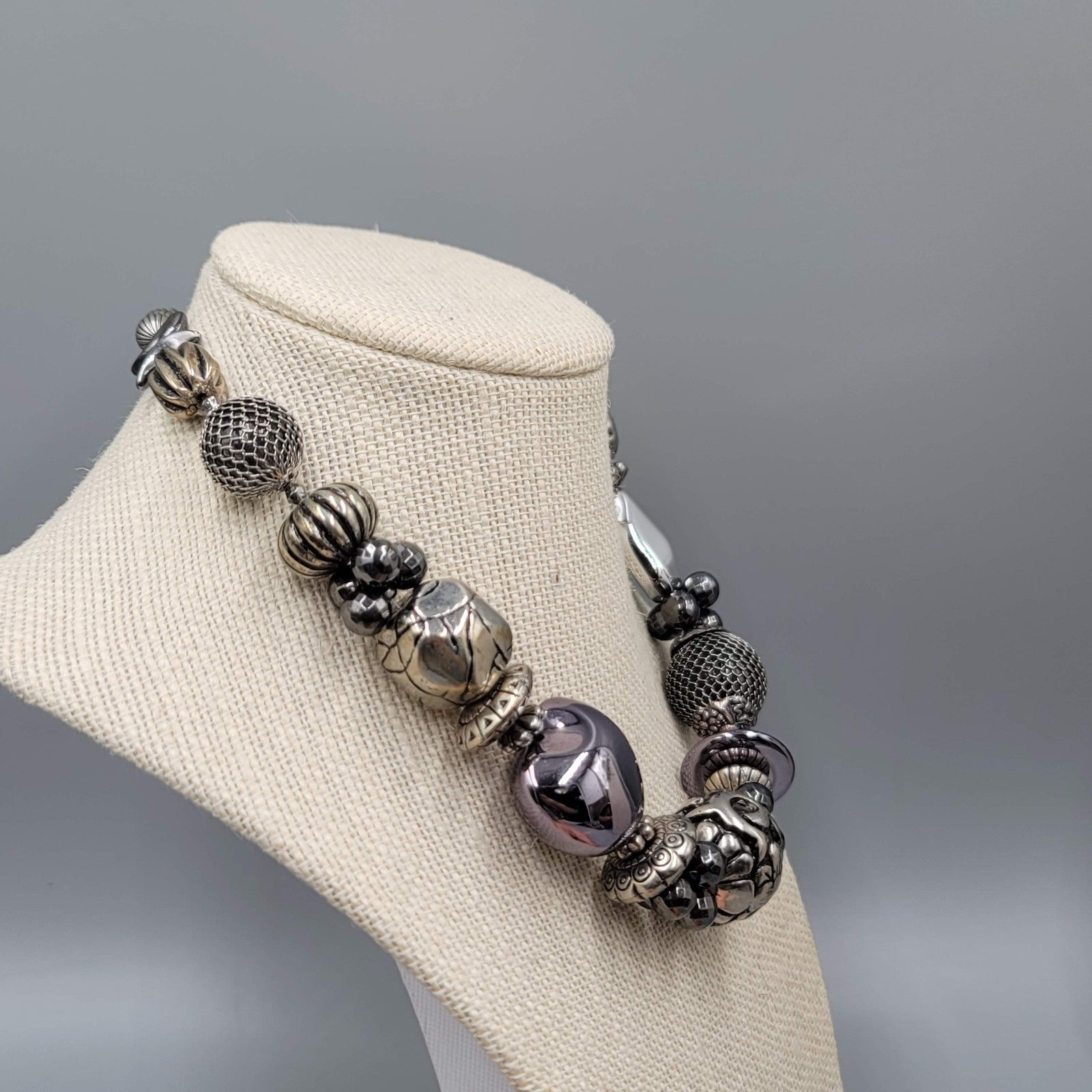 Large Statement Bead Necklace Silver toen Gray Black 16"-20"