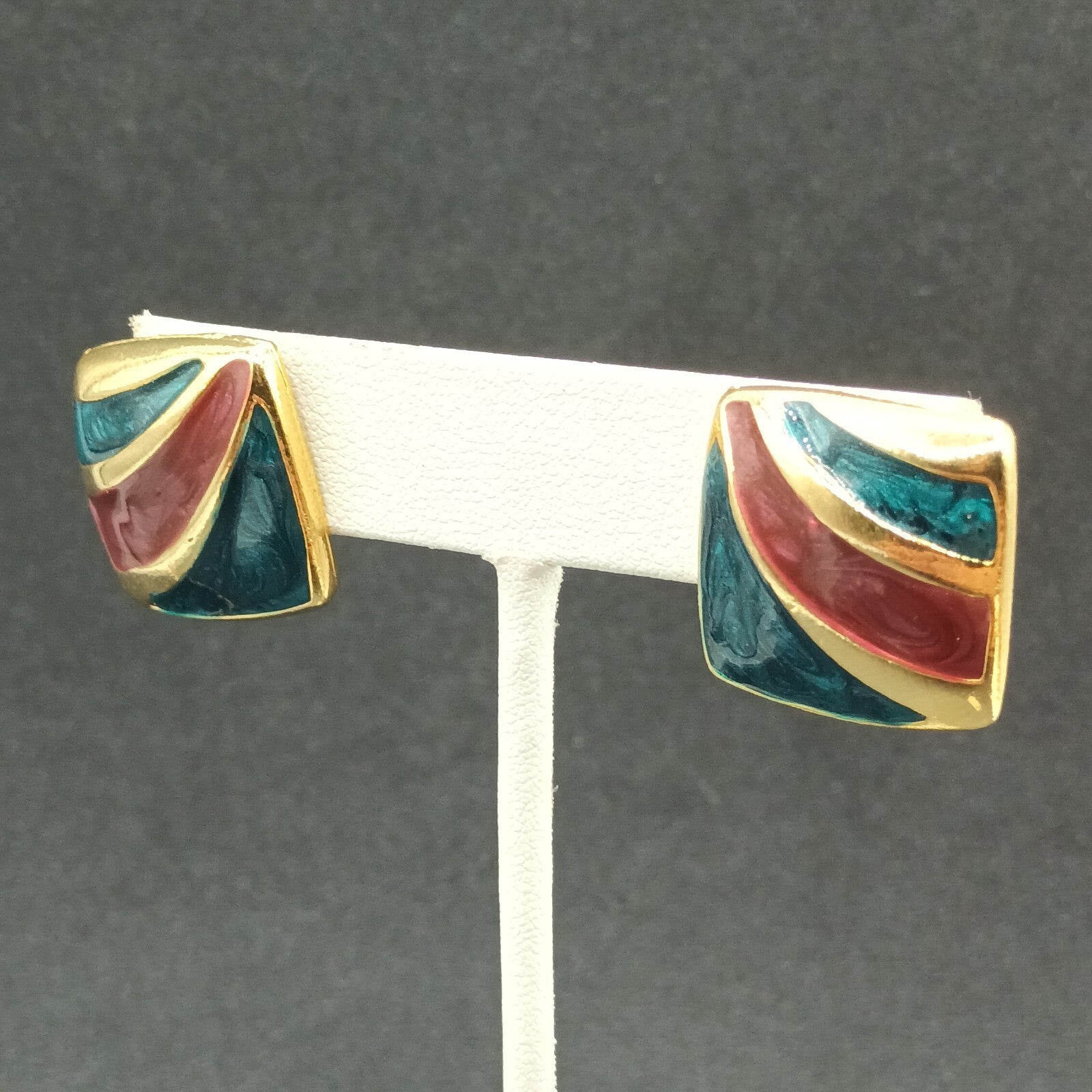 Vintage Pierced Earrings Gold plated Green Purple Enamel Geometric Drop 7/8"