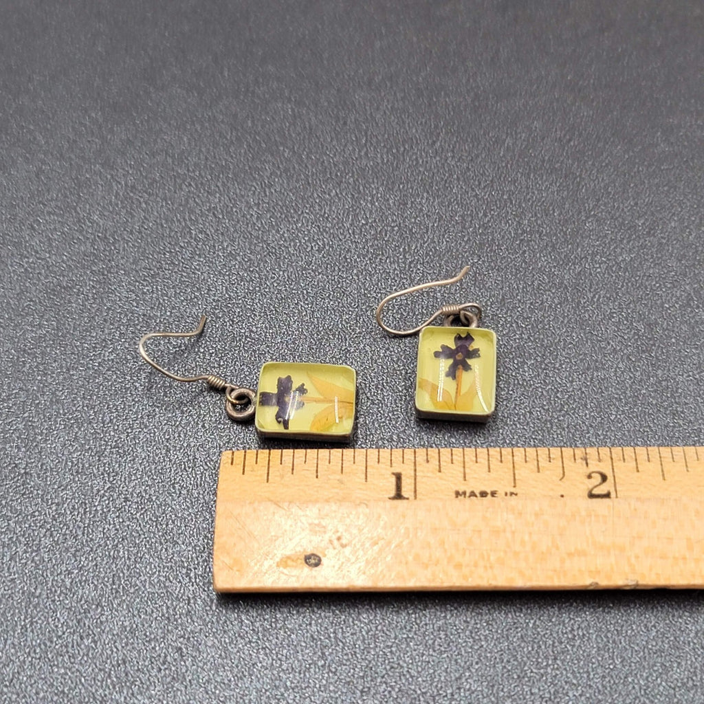 Pierced Earrings Sterling Silver Real Flower in Resin Dangle 5/8"