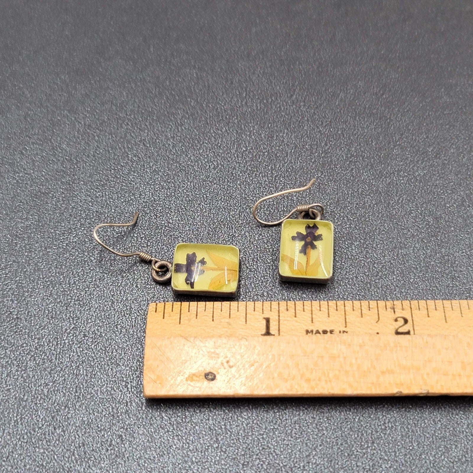 Pierced Earrings Sterling Silver Real Flower in Resin Dangle 5/8"